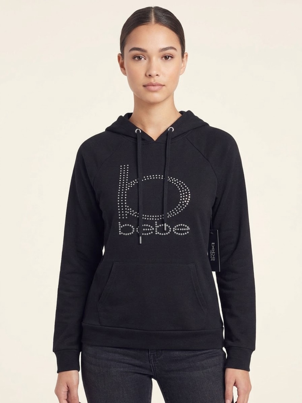 bebe Black Rhinestone Logo Hoodie Sweater